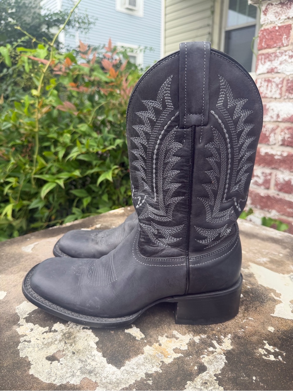 JB DILLON Reserve Black Leather Square Toe Cowboy Boots Sz 7.5B Gray Embroidery - Picture 2 of 16